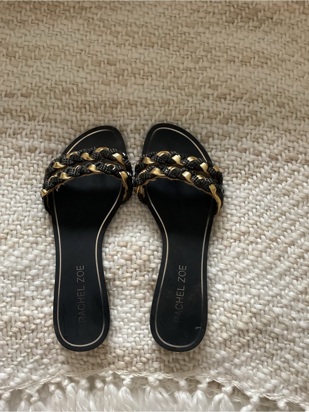 Rachel Zoe Black and Gold Braided Slide Sandals